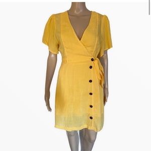 Lulus Yellow Short Sleeve Wrap V-Neck Midi Dress